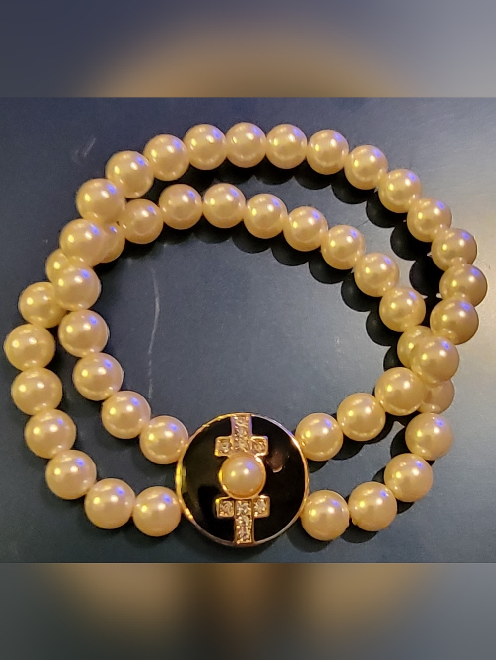 Avon Gold-Tone Pearl Double Strand Bracelet with Enamel Medallion